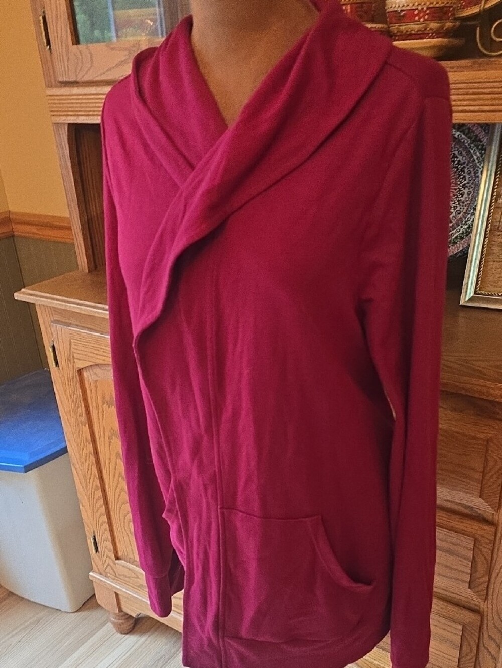 Draped Open-Front Cardigan Sweater in Raspberry - Picture 3 of 4